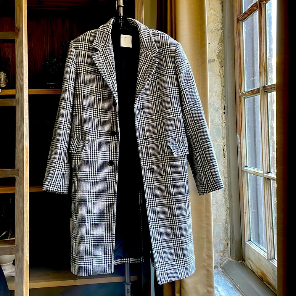 Sandro Men’s black & white mixed plaid coat